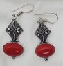 Pair Of Silver Plated Earrings With Red Coral Stones ~ 1' Long