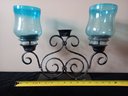 Blue Glass Iron Candle Holder