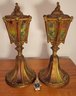 Antique Reverse Painted Bronze Lamps With Orientalist Finial.  Circa 1920's.
