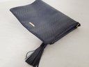 Gigi New York Snake Embossed Navy Blue Leather Zippered Clutch Handbag Purse With Tassle