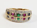 1950's   Multi Colored Stone 14k Yellow Gold Diamond  Ring
