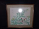 Signed Asian Watercolor Baby Birds On Greenery