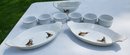 French Apilco And Veritable (Game Themed) Porcelain Gravy Boat, Pair Of Serving Plates And Six Ramekins