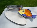 Stainless Steel Fish Poacher And Two Ceramic Fish Platters