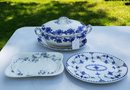 Vintage Blue And White 1950's English Royal WindsGravy Tureen Paired With Two Small Plates, English & American