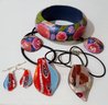 Two Art Glass Pendents One With Matching Earrings And Handpainted Bracelet With Earrings
