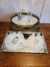 Two Pretty Mirrored Trays With Vintage Beaded Collars Paired With Perfume Heart Bottle And Trinket Box