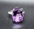 Large Purple Amethyst & White Zircon, Rhodium Over Sterling Ring