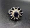 Midnight Sapphire, White Zircon Floral Ring In Platinum Over Sterling