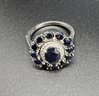 Midnight Sapphire, White Zircon Floral Ring In Platinum Over Sterling