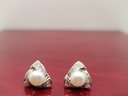 14KW 7.5/8 MM Pearl And .15 CT Pave Diamond Earrings