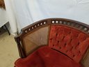 Vintage Cane Back & Wood Burnt Orange Upholstered Barrel Back Chair