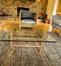 Modern Glass Coffee Table With Painted Metal Bamboo Rattan Style Base