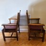 Two Mission Style Stickley Furniture Tiger Oak Arm Chairs In A Rich Burgundy Red.
