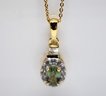 Natural Green Apatite, White Zircon Halo Pendant Necklace In Yellow Gold Over Sterling