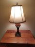 Small Vintage Table Lamp With Amber Glass Globe & Beaded Shade