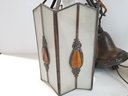 Pair 1920s Art Deco Slag Glass Ceiling Light Lantern With Amber Glass Jewels