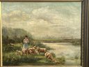 OIL ON CANVAS OF A WOMAN GRAZING SHEEP WHILE KNITTING