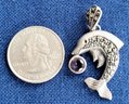 Vintage Dolphin Sterling Silver Pendant With Marcasite & Amethyst