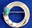 Gold Tone Etched Open Circle Vintage Brooch With Pearls & Jade