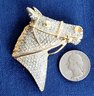 Stunning Blingy Pave Rhinestone Over Gold Tone Detailed Horse Head Brooch