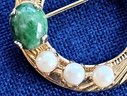 Gold Tone Etched Open Circle Vintage Brooch With Pearls & Jade