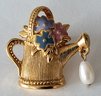 Gold Tone Flower Watering Can With Drop Pearl Lapel Pin