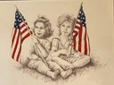 Signed Vickers And Numbered 56/200 Print Sitting Children Holding American Flag 33x26