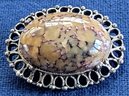 Pretty Vintage Natural Stone Lace Agate Oval Cabochon Brooch With Filigree Frame