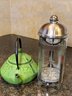 Green Cast Iron Tea Pot Kettle With Bamboo Design & Bonjour Glass French Press Coffee Maker