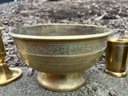 Brass And Gold Tone Metal Lot Of (5) Pieces (English Candlesticks, Etched Bowl, Tumblers)