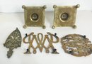 Lot Of Heavy Brass: 3 Vintage Trivets & 2 Candle Holders
