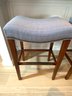 Four Hickory Bar Stools In Blue & White Basketweave Cushions With Hobnail Detail
