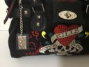 A44. Ed Hardy Black & Colorful Canvas, Jeweled Heart Handbag.