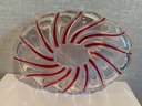 Red Swirl Dish And 3 Etched Vintage Crystal Glasses