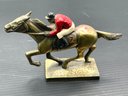 Cast Iron Standing Horse And Brass ANTIQUE HORSE RACING MAN JOCKEY  DESK EQUESTRIAN PAPERWEIGHT