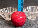 Pair Of Vintage Rosenthal Crystal Votive Candle Holders Frosted And Clear Glass Red Marble Apple Paperweight