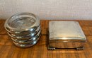 Set Of Four Crystal/silver Coasters Paired With A Silver Box