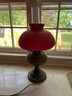 Vintage Electric Oil Lamp Style Table Lamp With Red Shade