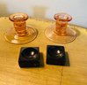 Pink Depression Glass And Small Marble Candle Holders
