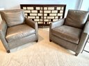 Pair Lillian August Couture French Modern Leather Club Chairs In Soho Grey