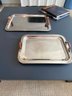 Pair Barclay Butera Luxury Silver Serving Trays With Leather Chrome Handles