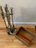 Solid Brass Fireplace Tool Set With Brushed Finish And Small Wooden Kindling Box