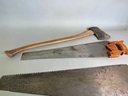 Two Vintage Saws & Handcast Axe
