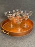 Set Of 4 Clear Margarita Glasses And Copper Like Round Serving Tray With Handles