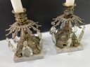 Italian Brass Candlestick Holders With Marble Base And Prism Glass Jewel Dangle Accents