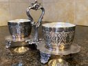 Ornate Silver Jam And Jelly Condiment Caddy Glass Inserts Small Serving Spoons Stamped CS And Crown