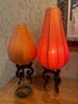 Pair Of Tibetian Style Accent Table Lamps Silk? Lampshades 23' & 27' Tall
