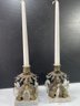 Italian Brass Candlestick Holders With Marble Base And Prism Glass Jewel Dangle Accents