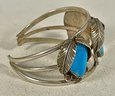 Vintage Native American Sterling Silver Cuff Bracelet Having Turquoise Stones